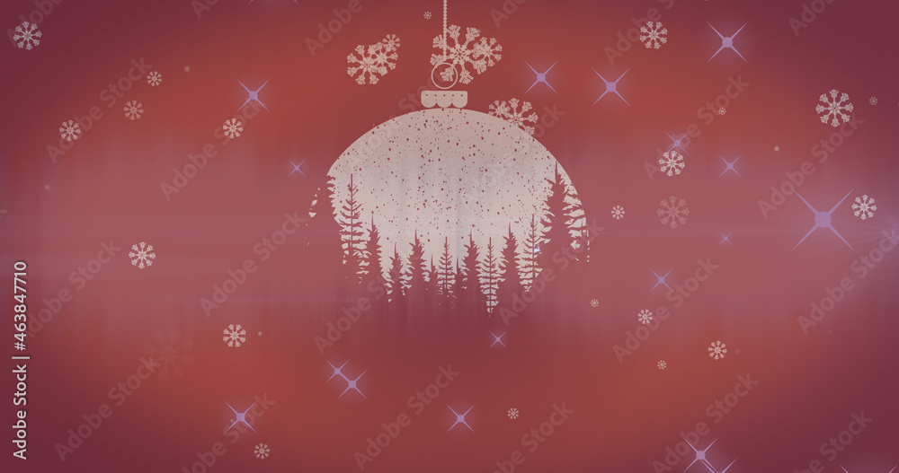 Aniamtion of snow falling over fir trees in christmas baubles