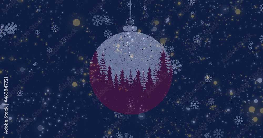 Aniamtion of snow falling over fir trees in christmas baubles