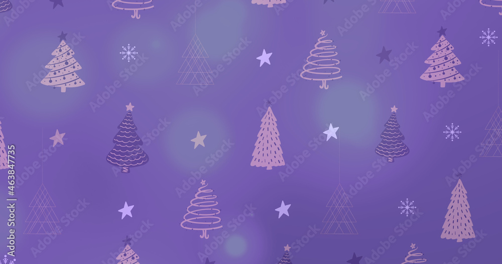 Image of stars and christmas tree pattern on dark background