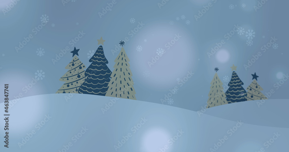 Image of snow falling over fir trees in winter scenery