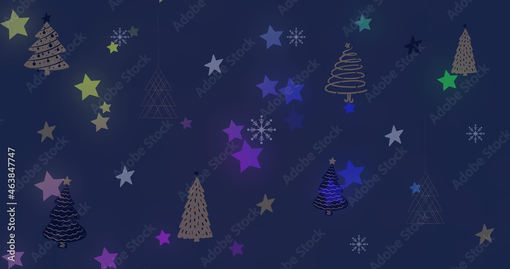 Image of stars and christmas tree pattern on dark background