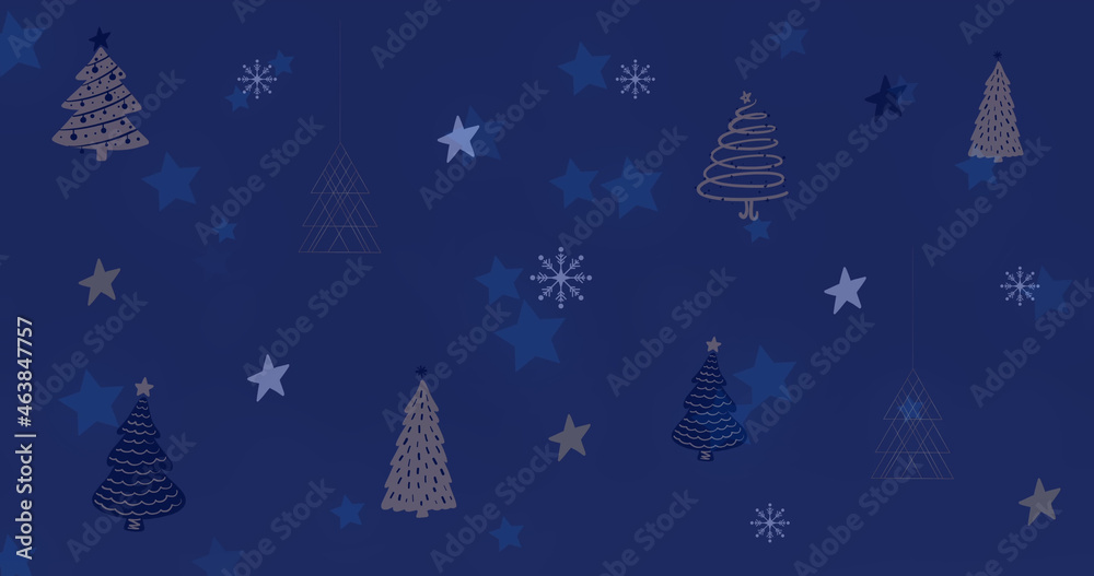 Image of stars and christmas tree pattern on dark background