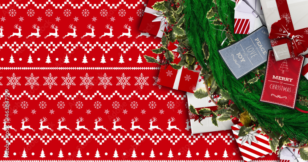 Image of fir tree branches and gifts over christmas pattern