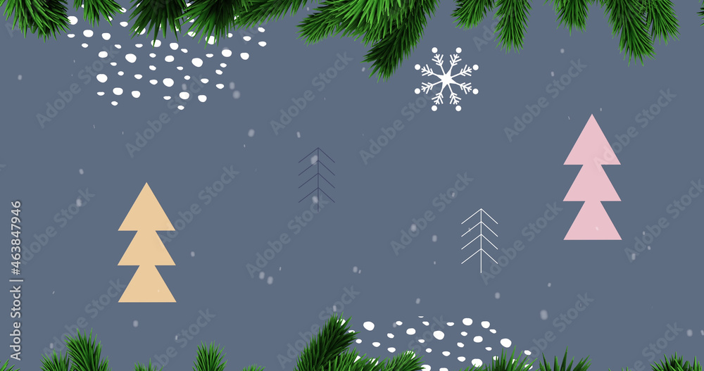 Image of fir tree branches over christmas tree pattern