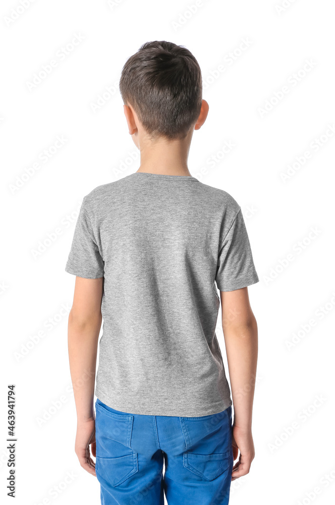 Little boy in stylish t-shirt on white background, back view