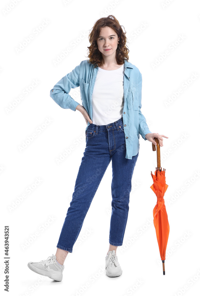 Pretty teenage girl with orange umbrella on white background