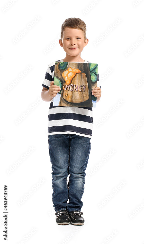 Cute little boy reading fairy-tale on white background