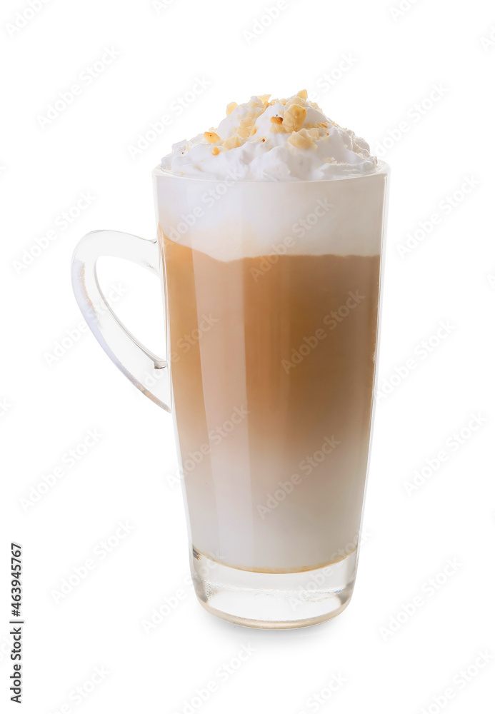 Glass cup of tasty latte with nuts on white background