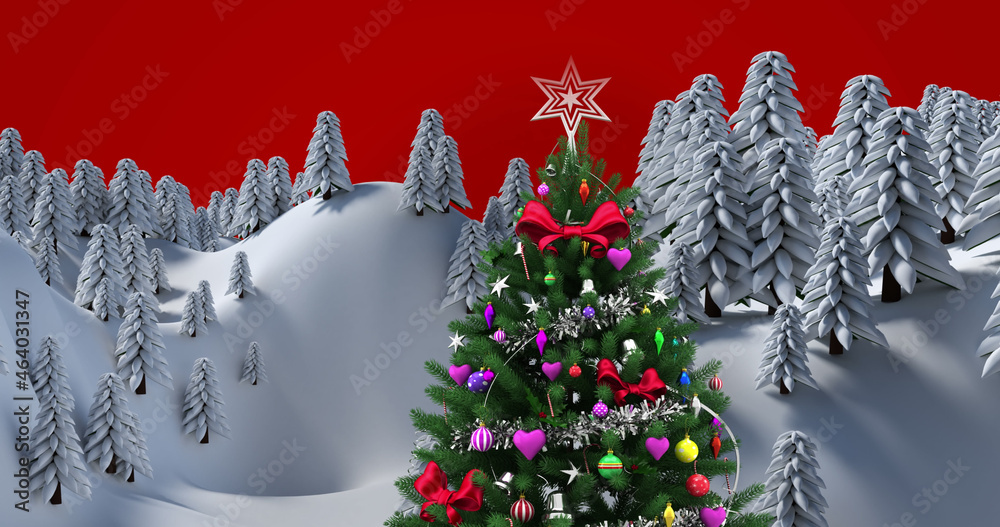 Image of fir tree with decoration in winter landscape on red background