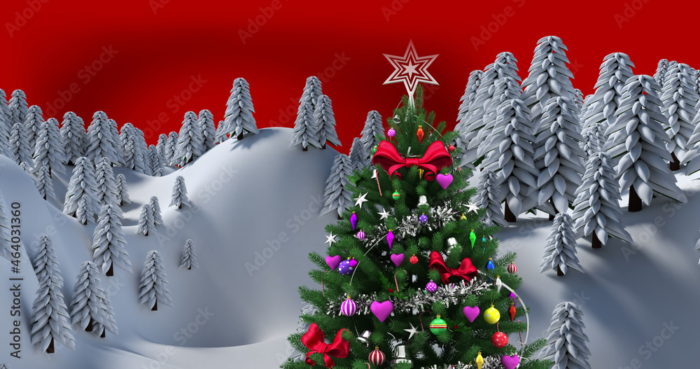 Image of fir tree with decoration in winter landscape on red background