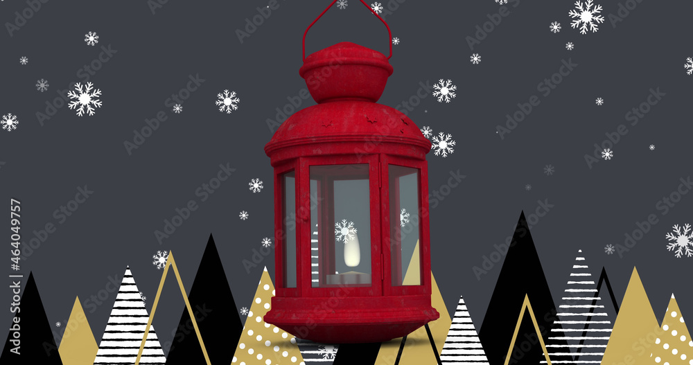 Red christmas lamp and snowflakes falling over multiple christmas tree icons on grey background