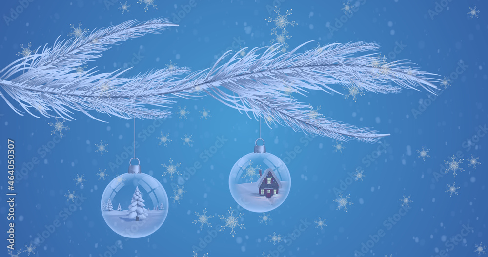 Image of christmas tree with christmas balls over snow falling on blue background