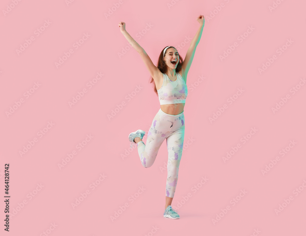 Happy running woman on color background