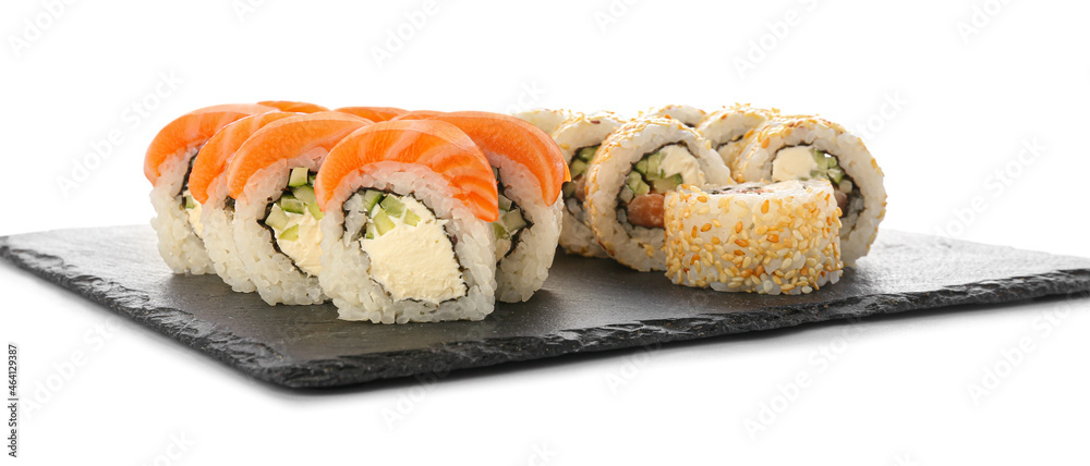 Delicious sushi rolls on white background