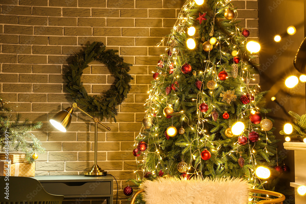 Interior of stylish living room decorated for Christmas