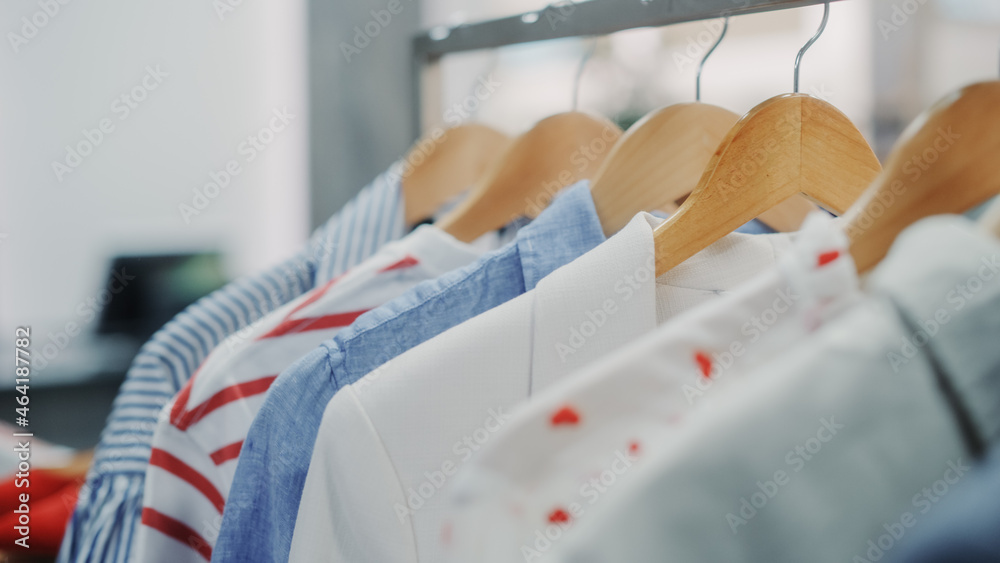 Close Up Shot of Clothing Rack with Colorful Stylish Items. Shopping Center Interior. Modern Fashion