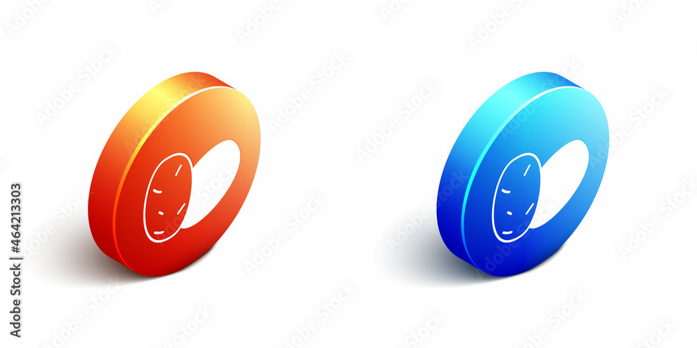 Isometric Potato icon isolated Isometric background. Orange and blue circle button. Vector