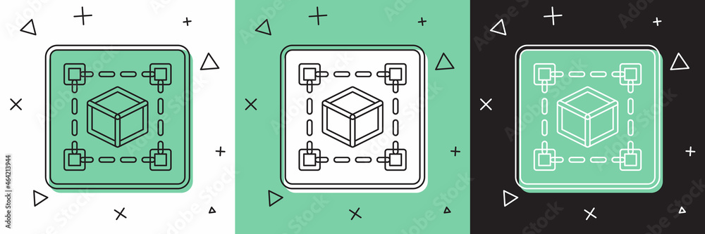 Set Geometric figure Cube icon isolated on white and green, black background. Abstract shape. Geomet