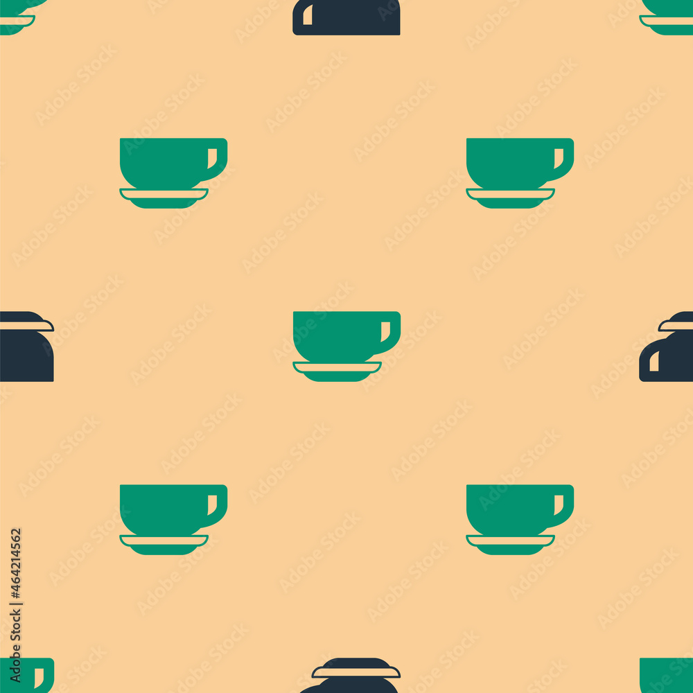 Green and black Coffee cup icon isolated seamless pattern on beige background. Tea cup. Hot drink co