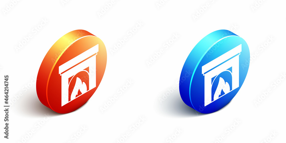 Isometric Interior fireplace icon isolated on white background. Orange and blue circle button. Vecto