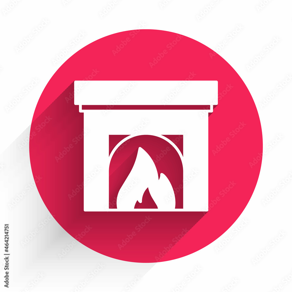 White Interior fireplace icon isolated with long shadow background. Red circle button. Vector