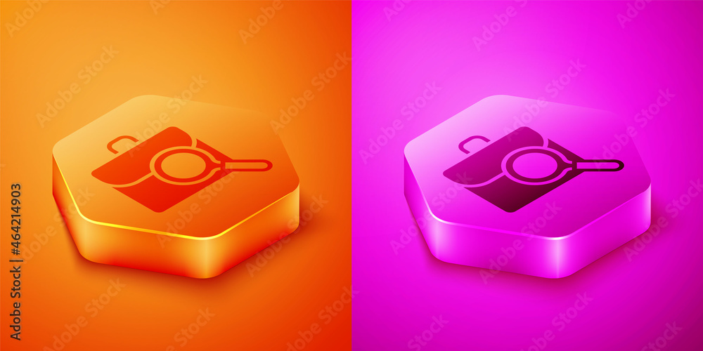 Isometric Magnifying glass with briefcase icon isolated on orange and pink background. Job hunting. 