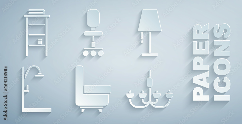 Set Armchair, Table lamp, Shower, Chandelier, Office and Bathroom rack with shelves for towels icon.