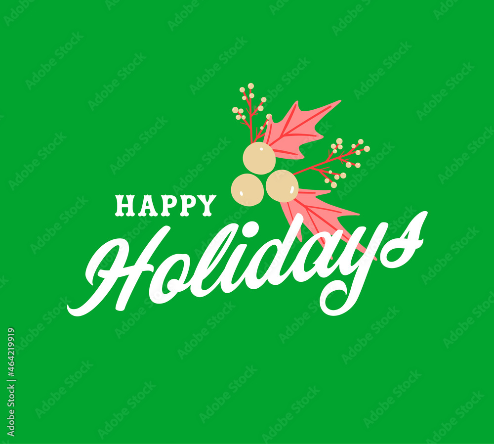 Composition of happy holidays text and christmas decorations on green background