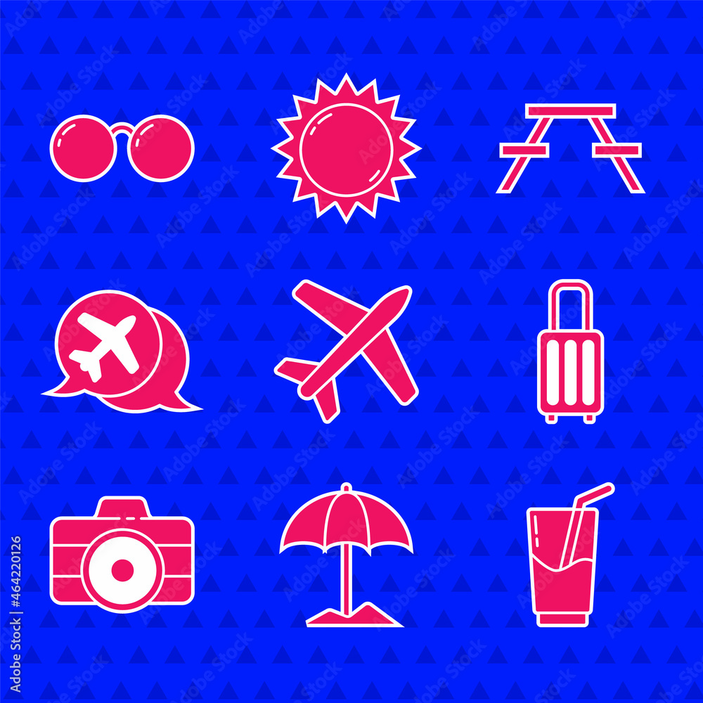 Set Plane, Sun protective umbrella for beach, Cocktail and alcohol drink, Suitcase, Photo camera, Sp