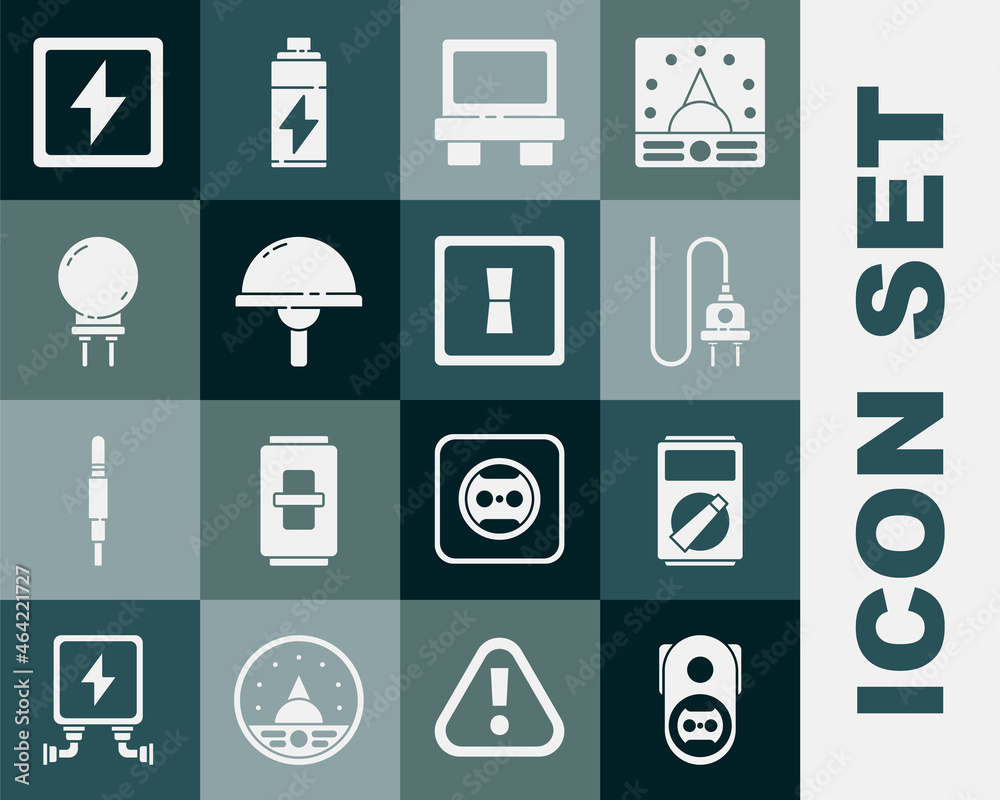 Set Electrical outlet, Multimeter, plug, Fuse, Light emitting diode, Lightning bolt and light switch