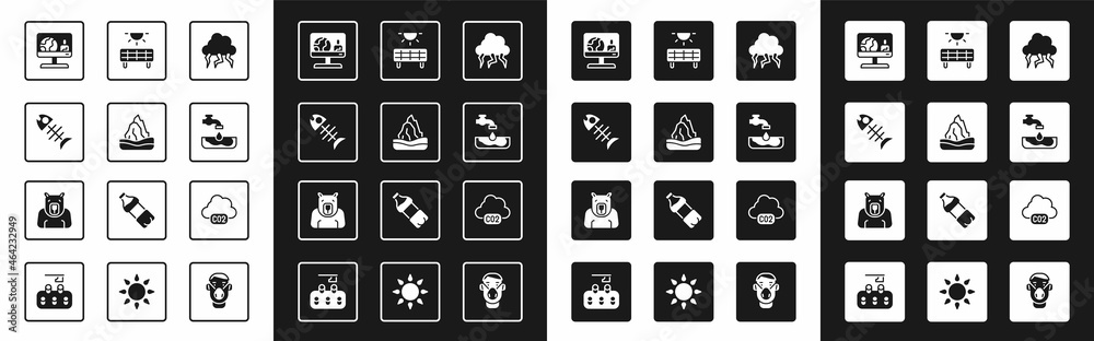 Set Storm, Iceberg, Dead fish, Weather forecast, Water problem, Solar energy panel, CO2 emissions in