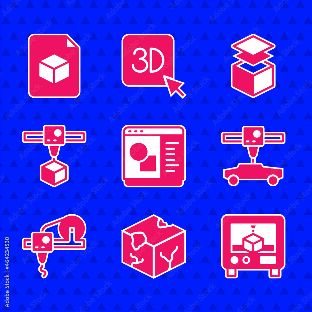 设置3D打印机软件、等轴测立方体、汽车、图层和文件图标。矢量