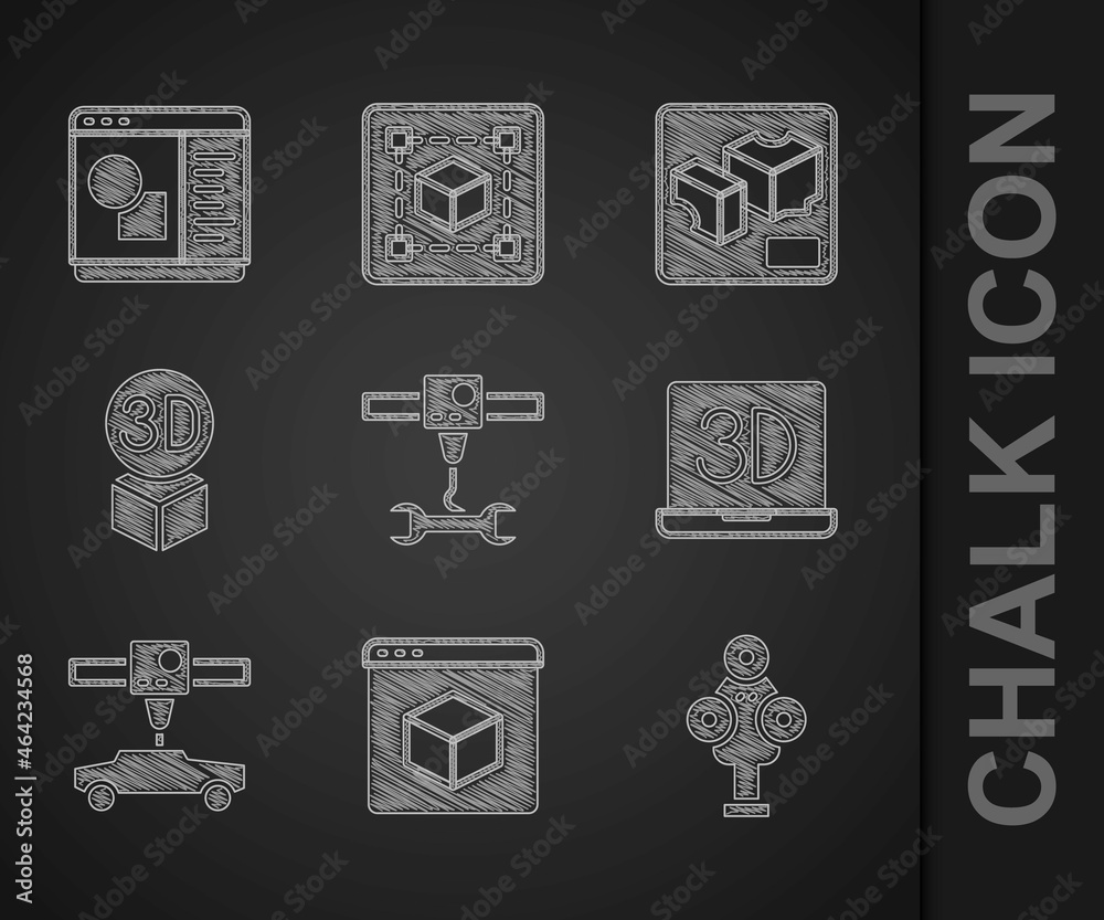 Set 3D printer wrench spanner, scanner, car, Isometric cube, and software icon. Vector