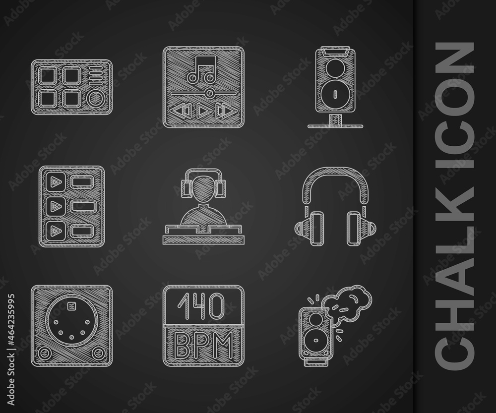 Set DJ playing music, Bitrate, Stereo speaker, Headphones, Drum machine, Music playlist, and icon. V