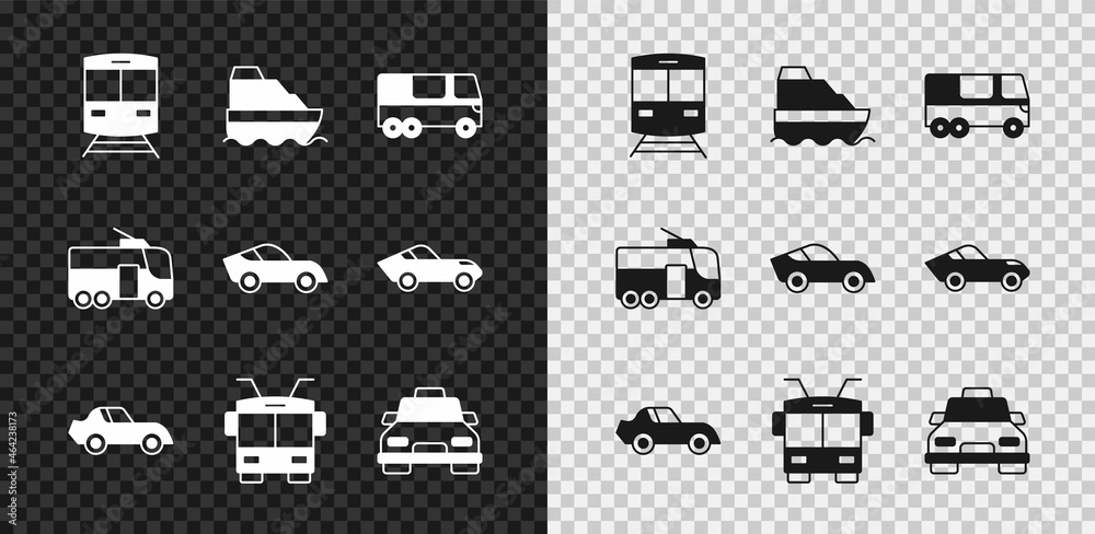 设置火车和铁路、游轮、巴士、汽车、有轨电车、出租车和图标。矢量