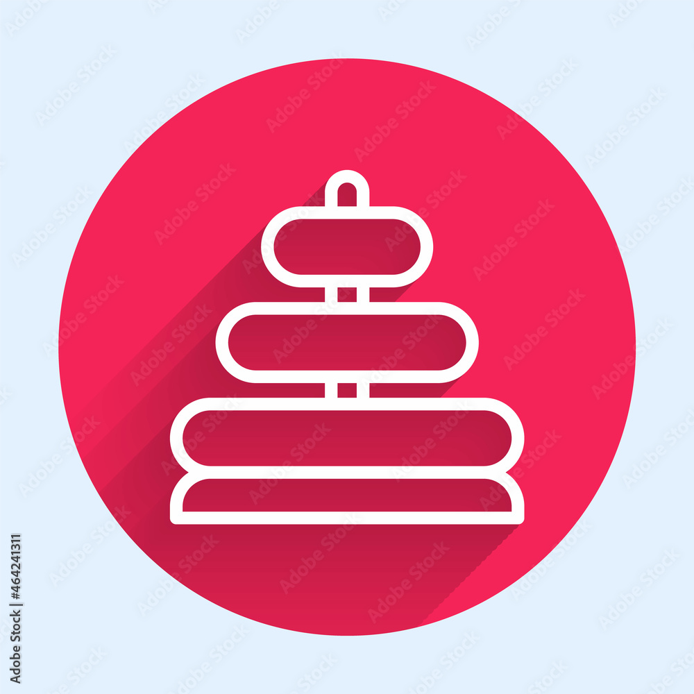 White line Pyramid toy icon isolated with long shadow background. Red circle button. Vector