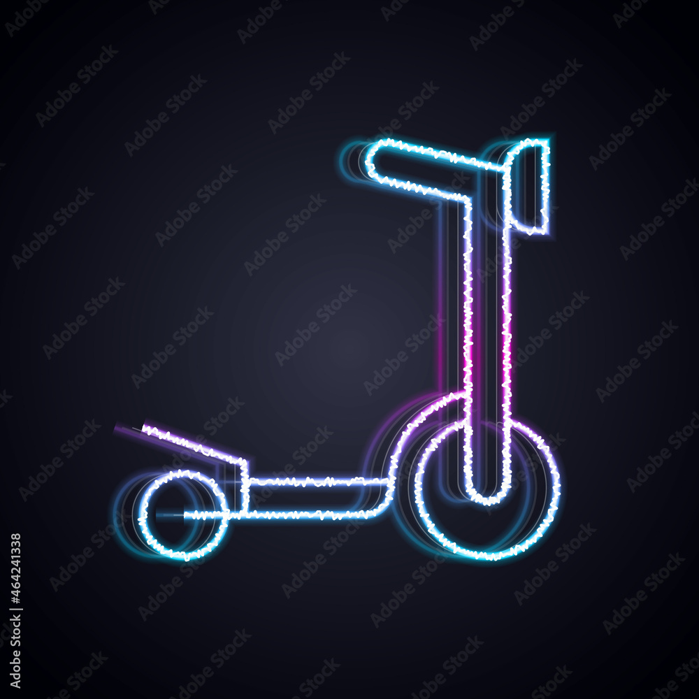 Glowing neon line Roller scooter for children icon isolated on black background. Kick scooter or bal