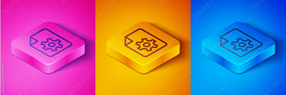 Isometric line Document settings with gears icon isolated on pink and orange, blue background. Softw