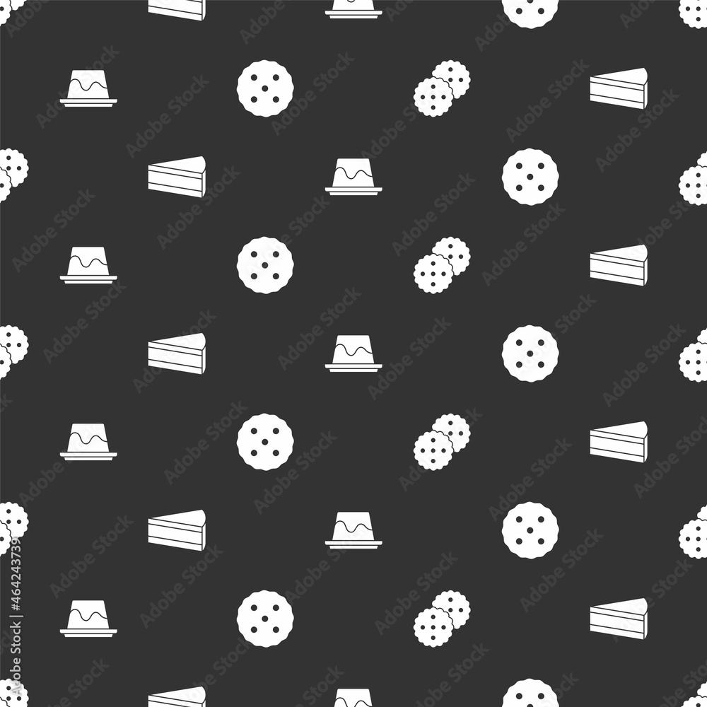 Set Cookie or biscuit, Piece of cake, Pudding custard and on seamless pattern. Vector