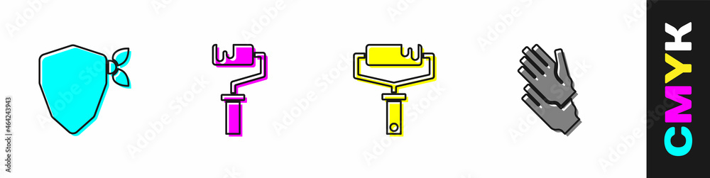 Set Vandal, Paint roller brush, and Rubber gloves icon. Vector