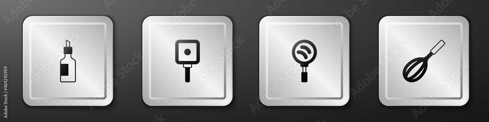 Set Bottle of olive oil, Frying pan, and Kitchen whisk icon. Silver square button. Vector