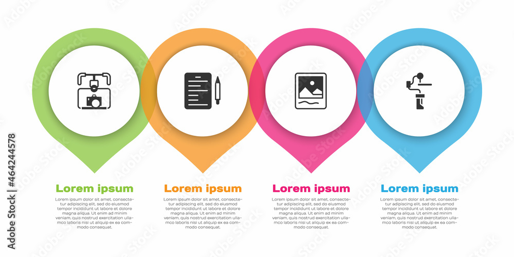 Set Gimbal stabilizer with camera, Scenario, Photo frame and for. Business infographic template. Vec