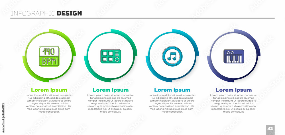 设置比特率，鼓机，音符，音调和合成器。商业信息图模板。矢量