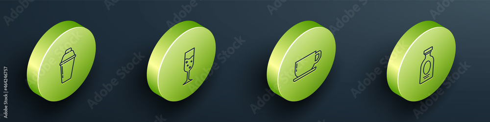 Set Isometric line Cocktail shaker, Glass of champagne, Coffee cup and Alcohol drink Rum icon. Vecto