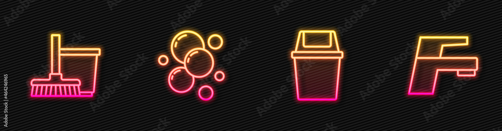 Set line Trash can, Mop and bucket, Soap water bubbles and Water tap. Glowing neon icon. Vector