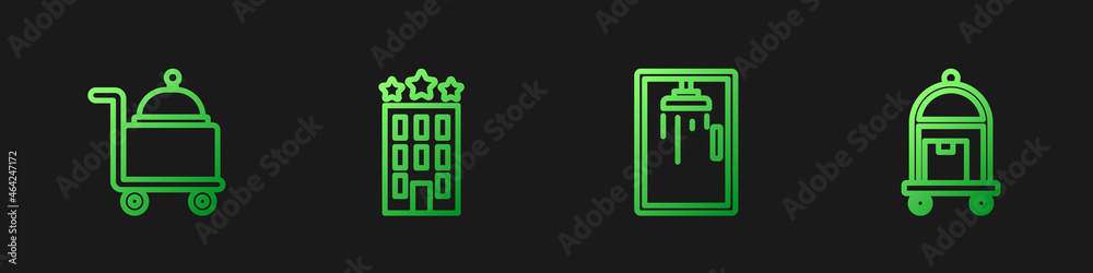 Set line Shower cabin, Covered with tray, Hotel building and Suitcase. Gradient color icons. Vector