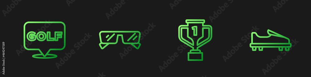 Set line Award cup with golf，golf label，Glasses and shoe。渐变色图标。Vector