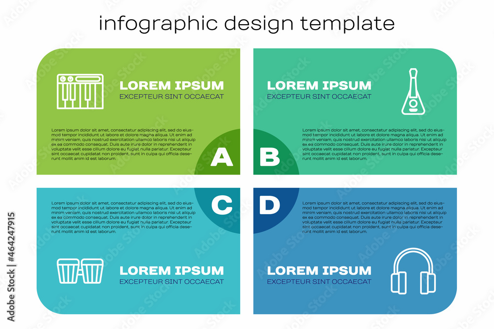集合线鼓、音乐合成器、耳机和吉他。商业信息图表模板。矢量