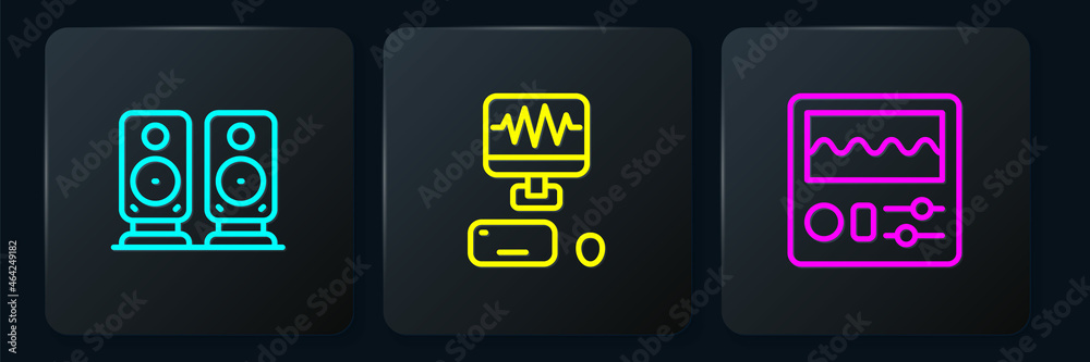 设置立体声扬声器，鼓机和音乐录音室。黑色方形按钮。矢量