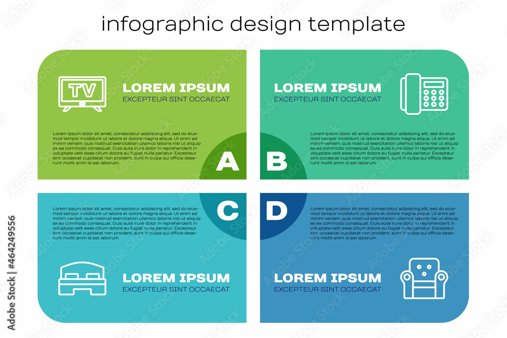 酒店客房床、智能电视、扶手椅和电话听筒。商务信息图表模板。Ve